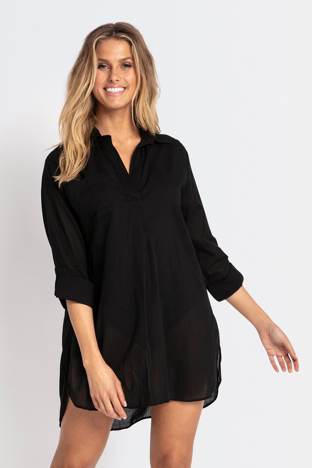 A model wearing the Basix Classic Painters Shirt in colour Black (Black), from the front, cropped image
