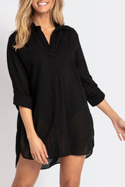 A model wearing the Basix Classic Painters Shirt in colour Black (Black), from the front, cropped image