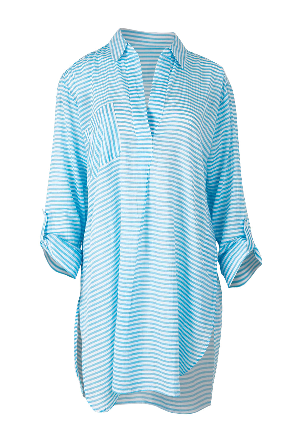 Product shot of the Summer Stripe Painters Shirt in colour Teal (Green), detail