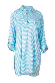 Product shot of the Summer Stripe Painters Shirt in colour Teal (Green), detail