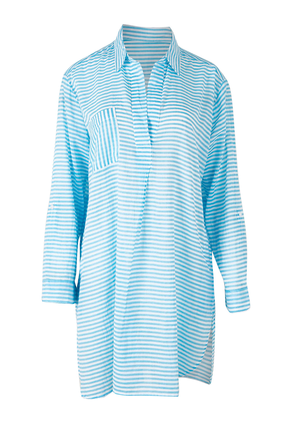 Product shot of the Summer Stripe Painters Shirt in colour Teal (Green), from the front