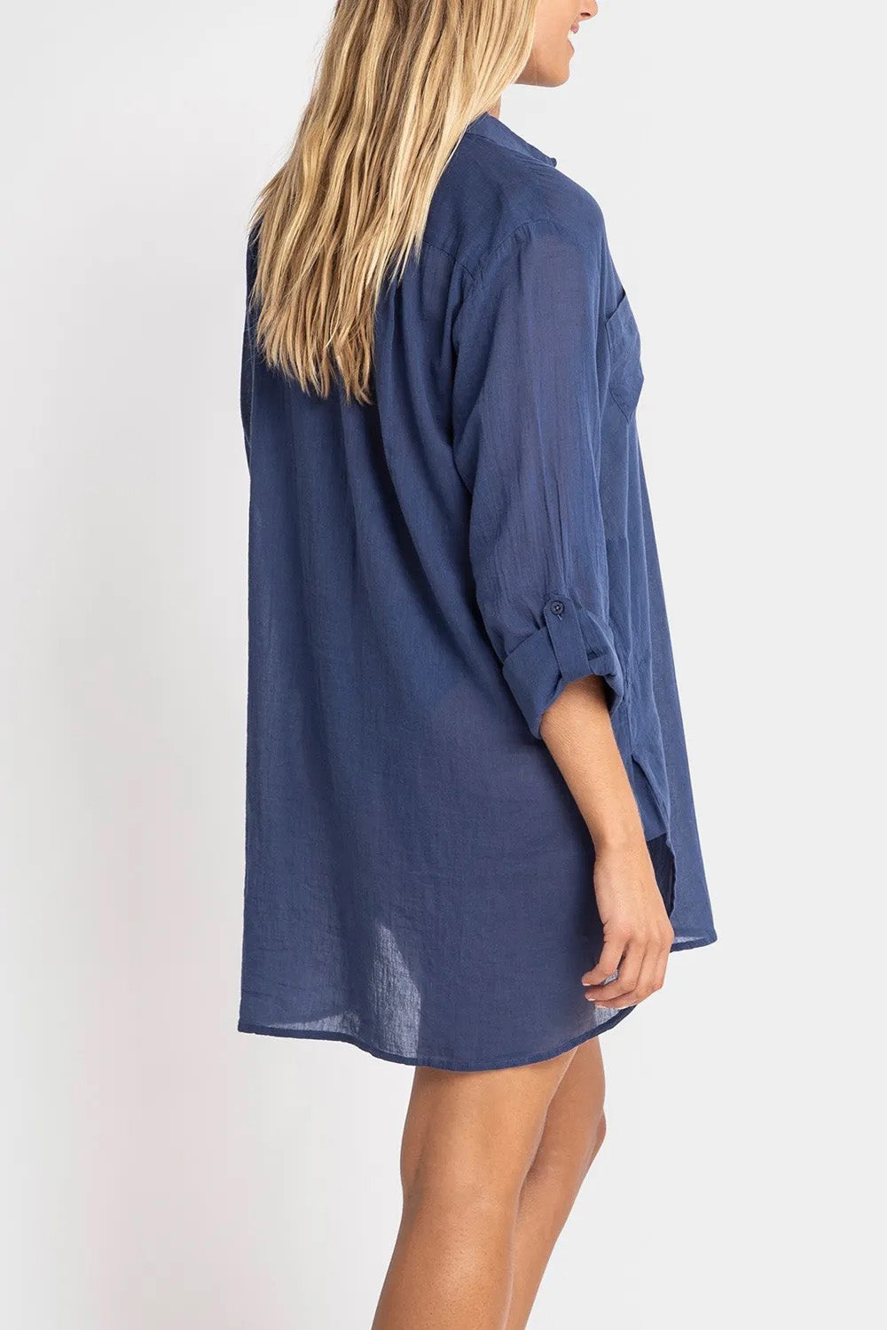A model wearing the Resort Painters Shirt in colour Denim (Blue), from the back