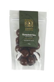Product shot of the 150G Dark Chocolate Raspberries in colour Darkrasp, from the front