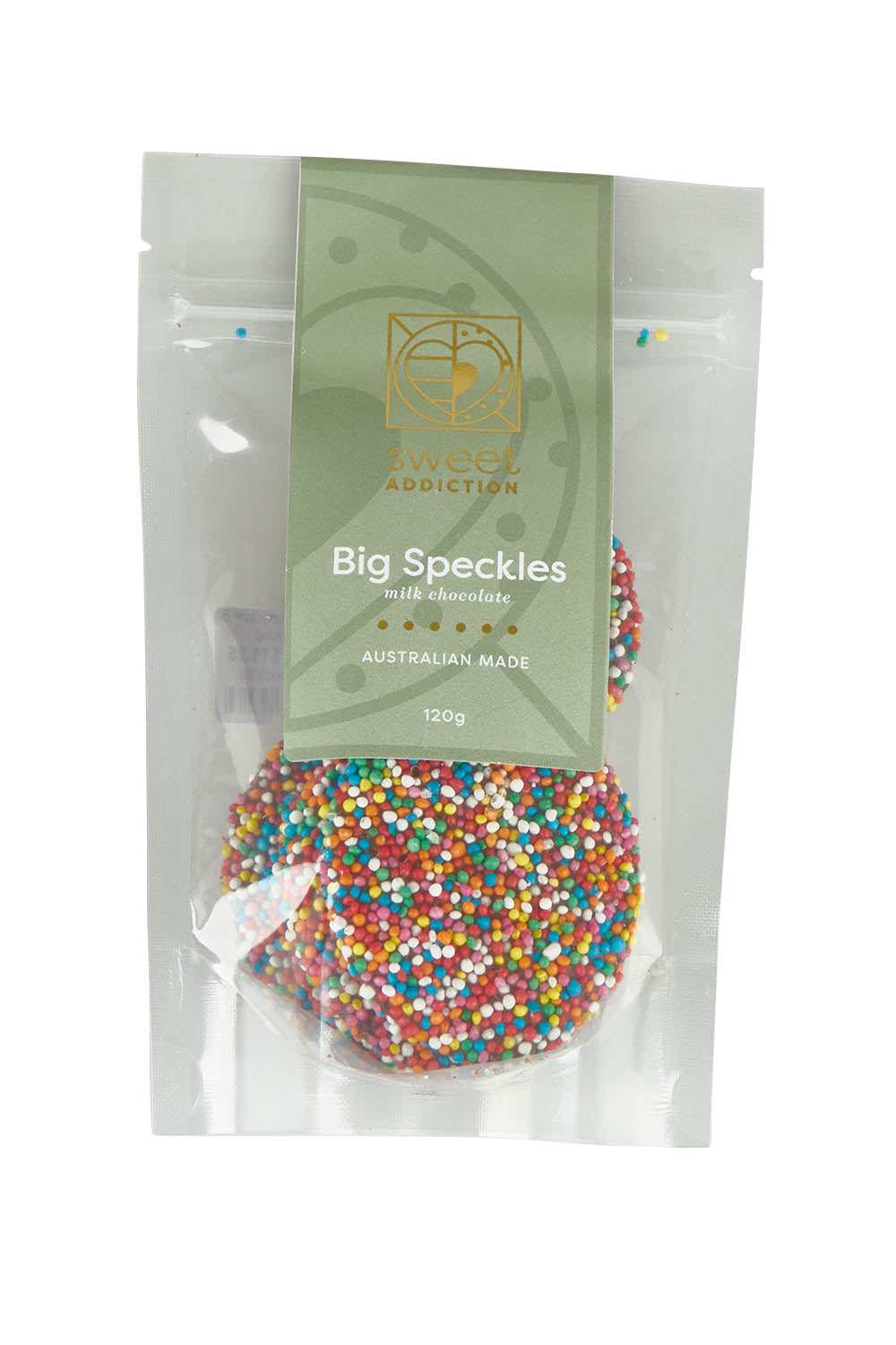 Product shot of the 120G Milk Chocolate Big Speckles in colour Speckles, detail