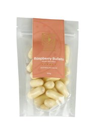 Product shot of the 150G White Chocolate Raspberry Bullets in colour Whiterasp (White), from the front