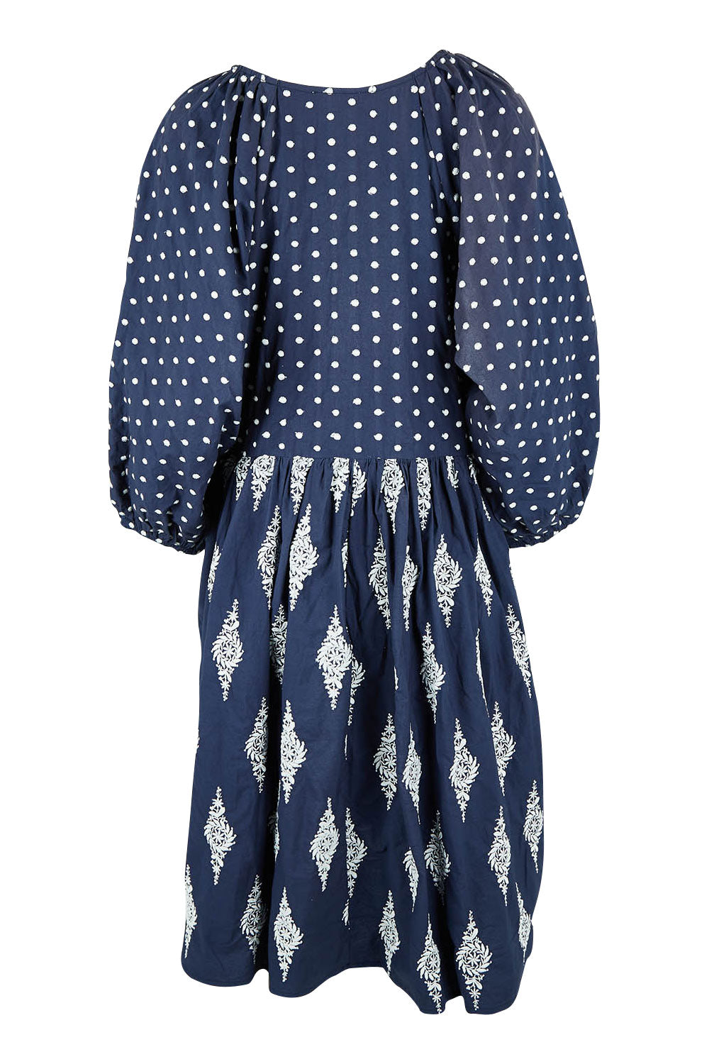 Product shot of the Gaia Dress in colour Navy (Blue), from the back