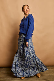 Model Katie wearing size 10 of the Rosie Maxi Skirt in colour Forest (Blue), from the front, showing the whole outfit