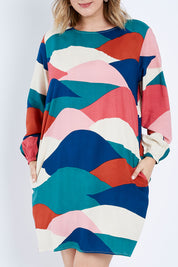 Model Jess wearing size 14 of the Katy Shift Dress in colour Horizon (Pink), from the front, cropped image