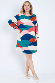 Model Jess wearing size 14 of the Katy Shift Dress in colour Horizon (Pink), from the front, showing the whole outfit
