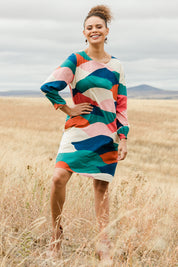 Model Lala wearing size 10 of the Katy Shift Dress in colour Horizon (Pink), from the front, showing the whole outfit