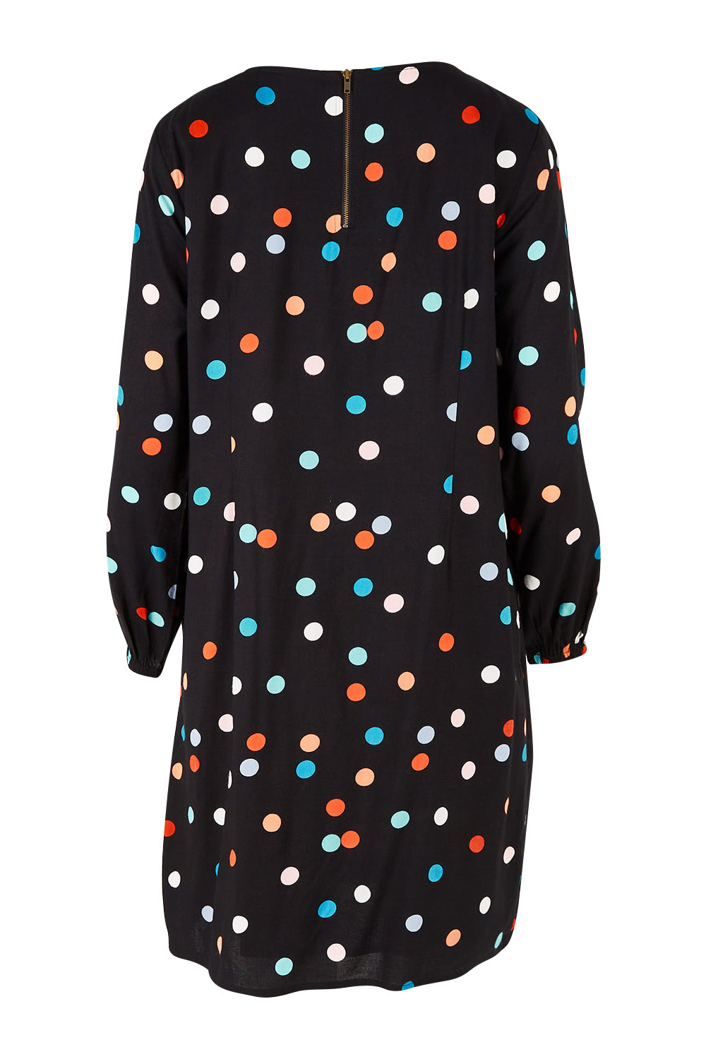 Product shot of the Katy Shift Dress in colour Dot (Black), from the back
