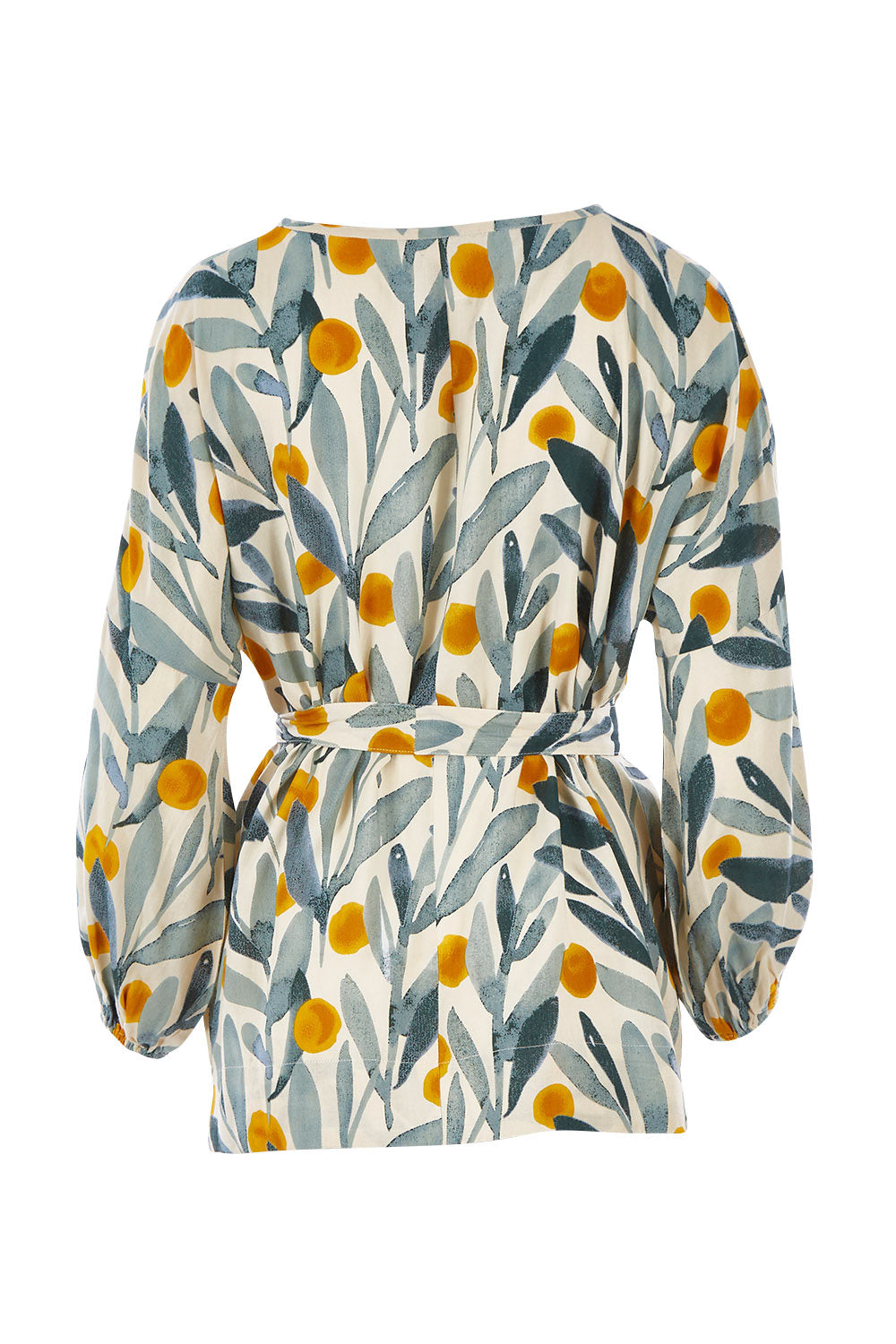 Product shot of the Felicity Blouse in colour Wattle (Green), from the back