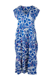 Product shot of the Madison Tiered Dress in colour Bloom (Blue), from the front