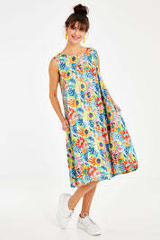 Model Courtney wearing size 10 of the Zoey Shift Dress in colour Meadow (Blue), from the front, showing the whole outfit