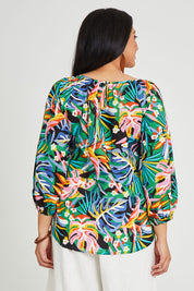 Model Terri-Leigh wearing size 14 of the Julia 3/4 Sleeve Top in colour Rainforest (Blue), from the back
