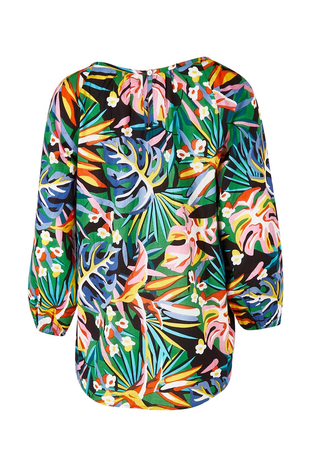 Product shot of the Julia 3/4 Sleeve Top in colour Rainforest (Blue), from the back