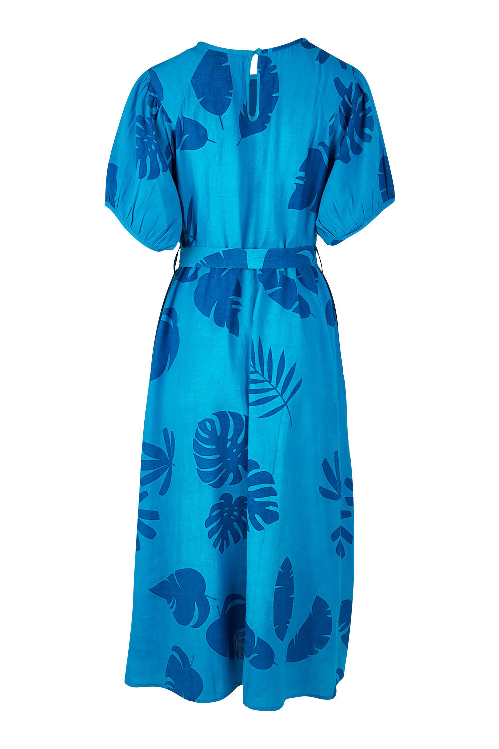 Product shot of the Lucy Bell Sleeve Dress in colour Palm (Blue), from the back