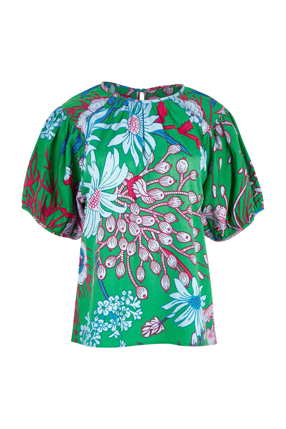 Product shot of the Rachel Cotton Top in colour Greengard (Green), from the back