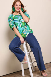 Model Georgiel wearing size 10 of the Rachel Cotton Top – Petalrush in colour Petalrush, from the front