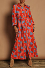Model Katie wearing size 10 of the Lucy Maxi Shirt Dress in colour Paintbrush, from the front, cropped image