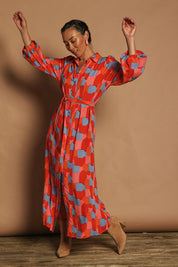 Model Katie wearing size 10 of the Lucy Maxi Shirt Dress in colour Paintbrush, from the front, showing the whole outfit