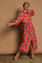 Model Katie wearing size 10 of the Lucy Maxi Shirt Dress in colour Paintbrush, from the front, showing the whole outfit