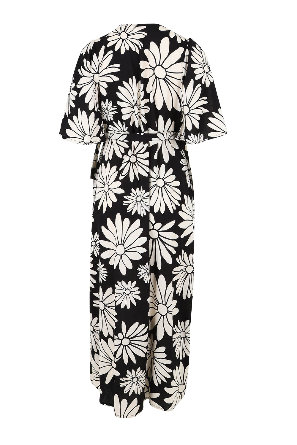 Product shot of the Gloria Cotton Wrap Dress in colour Bolddaisy (Black), from the back