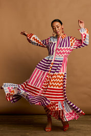 Model Katie wearing size 10 of the Nikki Cotton Maxi Dress in colour Patchwork, from the front, showing the whole outfit