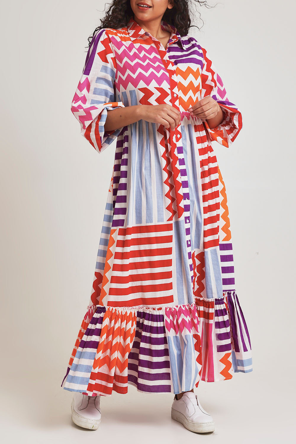 Model Terri-Leigh wearing size 14 of the Nikki Cotton Maxi Dress in colour Patchwork, from the front, cropped image