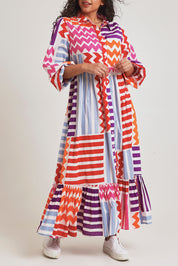 Model Terri-Leigh wearing size 14 of the Nikki Cotton Maxi Dress in colour Patchwork, from the front, cropped image