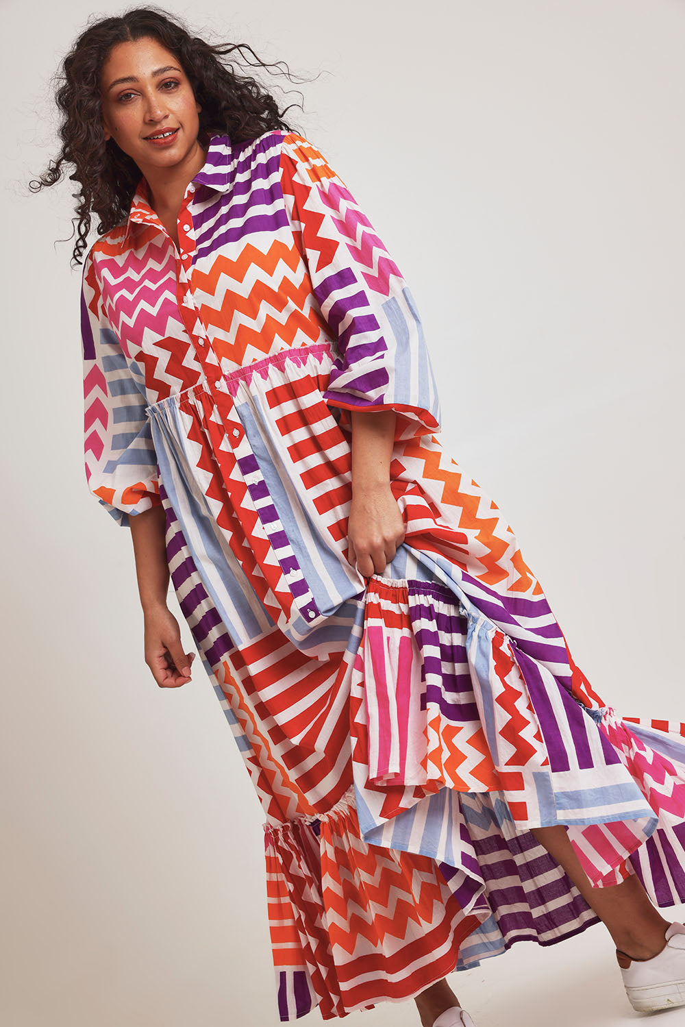 Model Terri-Leigh wearing size 14 of the Nikki Cotton Maxi Dress in colour Patchwork, from the front, showing the whole outfit