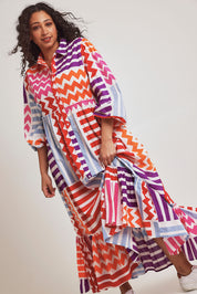 Model Terri-Leigh wearing size 14 of the Nikki Cotton Maxi Dress in colour Patchwork, from the front, showing the whole outfit