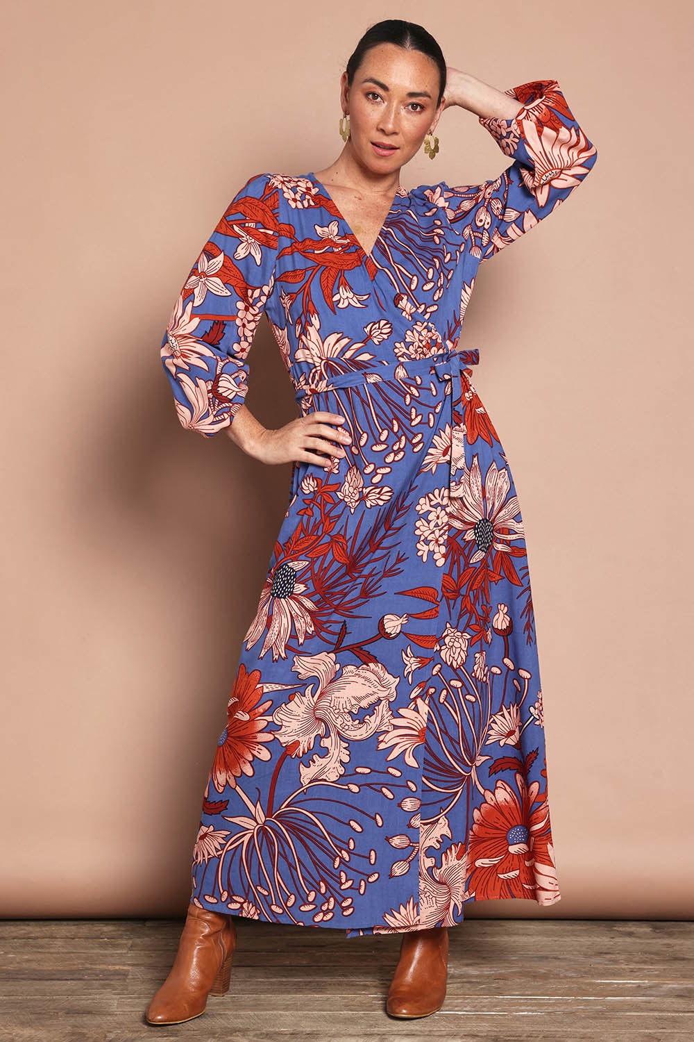 Model Katie wearing size 10 of the Daphne Maxi Wrap Dress in colour Gardenblue (Blue), from the front, showing the whole outfit