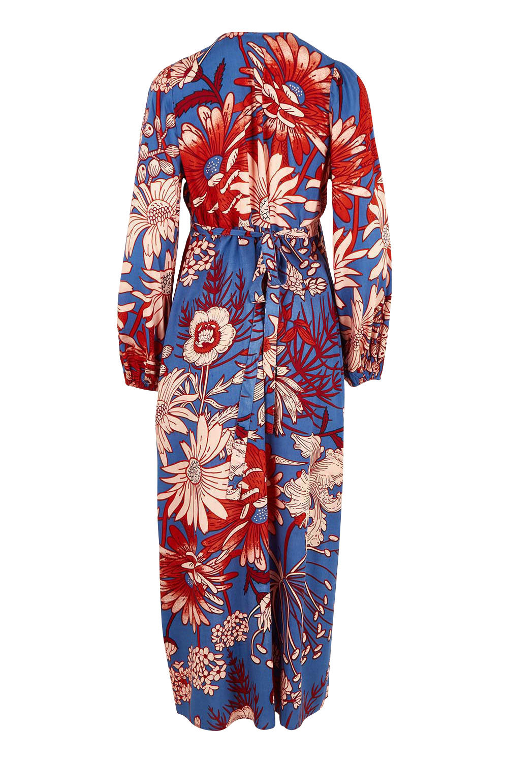 Product shot of the Daphne Maxi Wrap Dress in colour Gardenblue (Blue), from the back