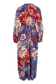 Product shot of the Daphne Maxi Wrap Dress in colour Gardenblue (Blue), from the back