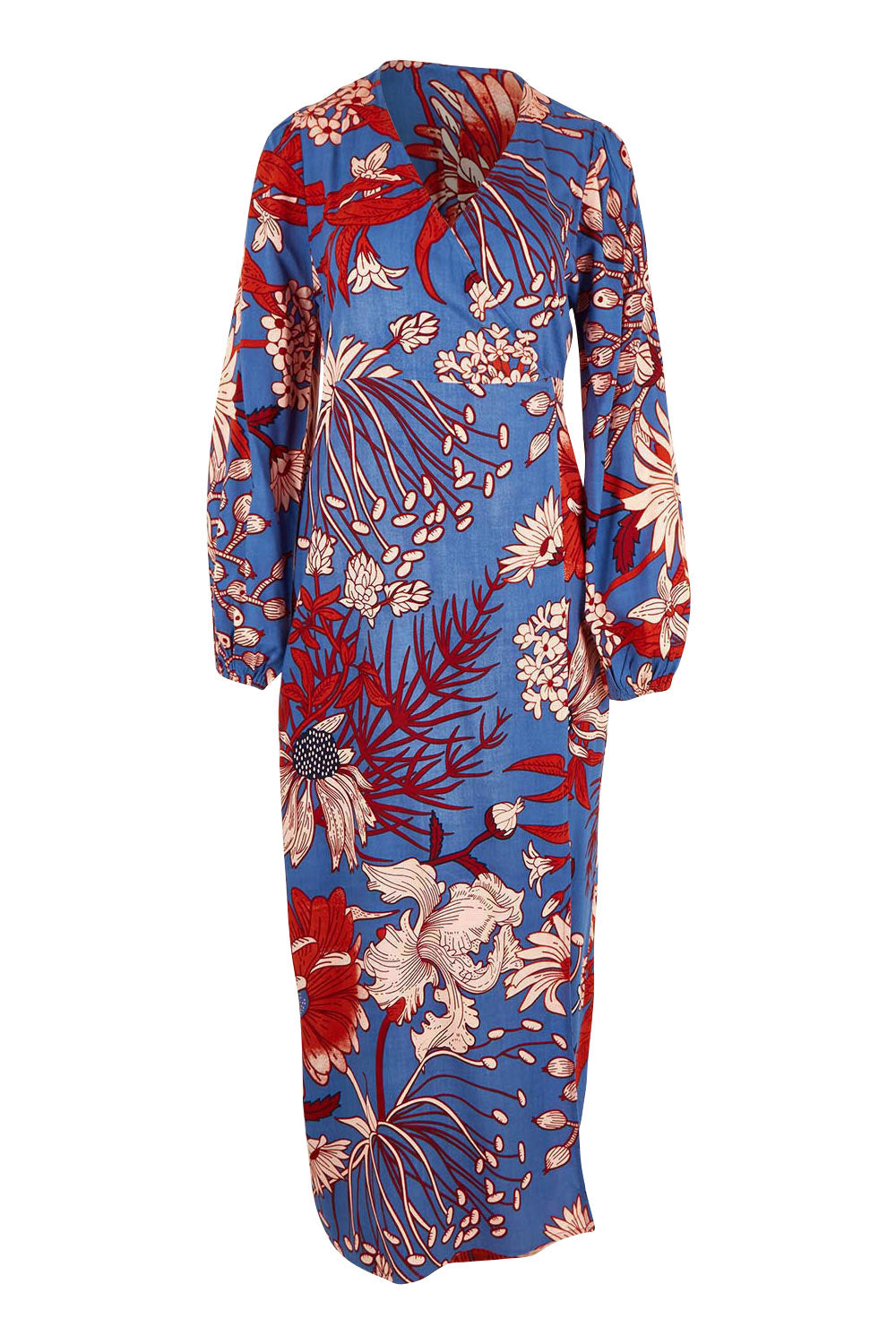 Product shot of the Daphne Maxi Wrap Dress in colour Gardenblue (Blue), from the front
