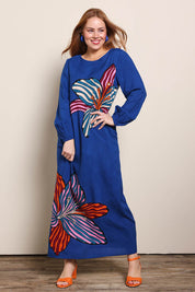 Model Georgiel wearing size 10 of the Zara Shift Dress - Blueflower in colour Blueflower, from the front
