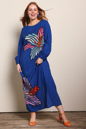 Model Georgiel wearing size 10 of the Zara Shift Dress - Blueflower in colour Blueflower, from the front