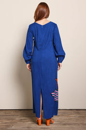 Model Georgiel wearing size 10 of the Zara Shift Dress - Blueflower in colour Blueflower, from the front
