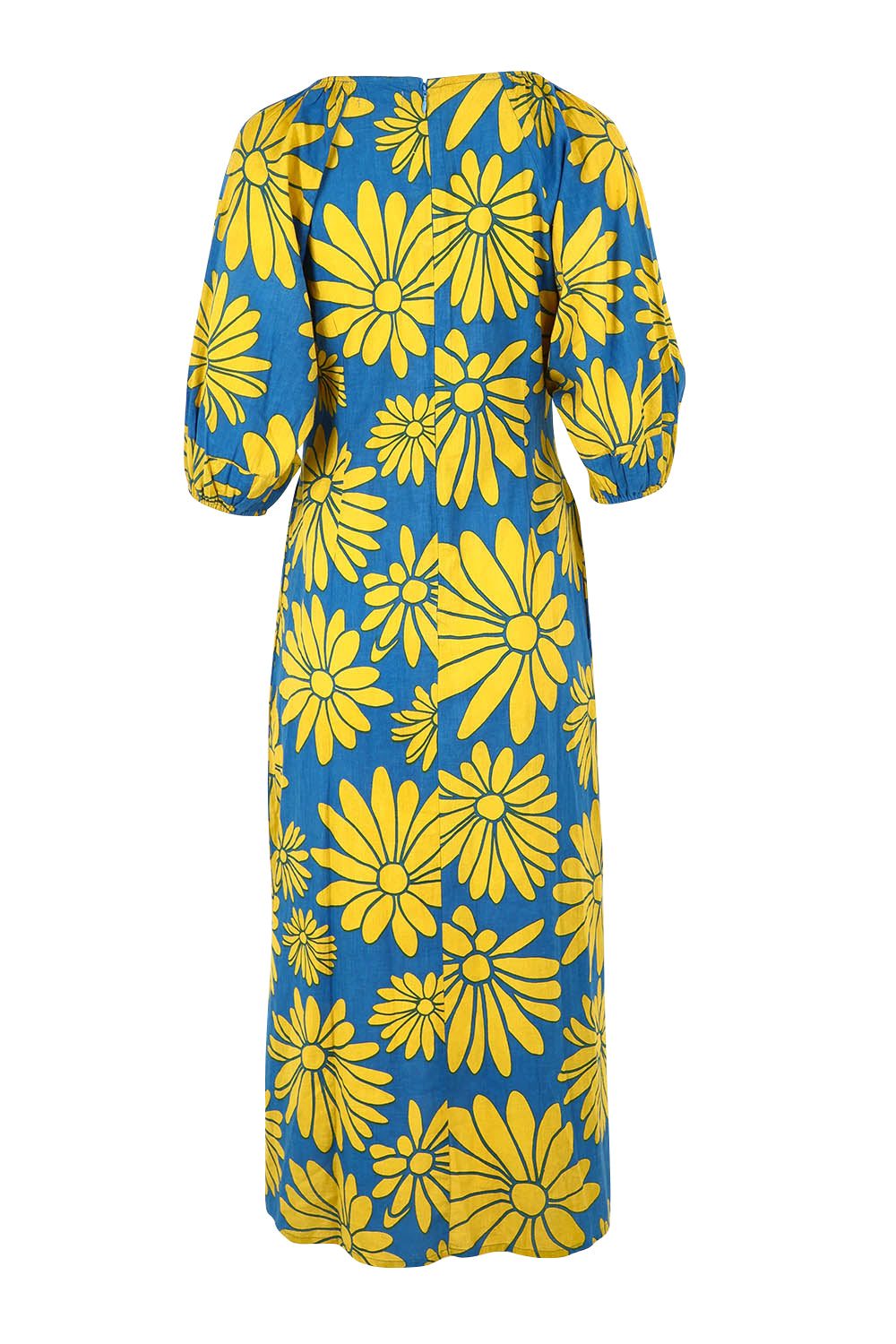 Product shot of the Brooke Cotton V Neck Dress in colour Bolddaisy (Blue), from the back