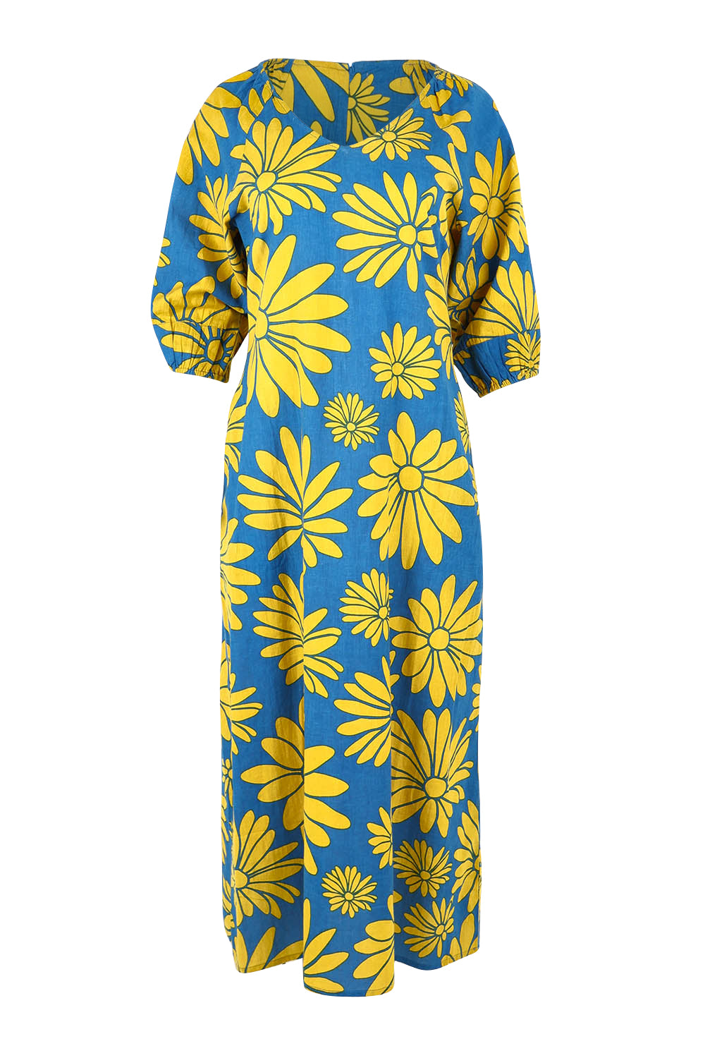 Product shot of the Brooke Cotton V Neck Dress in colour Bolddaisy (Blue), from the front