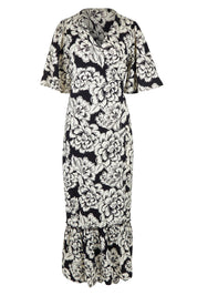 Product shot of the Anastasia Cotton Wrap Dress in colour Blooming (Black), from the front