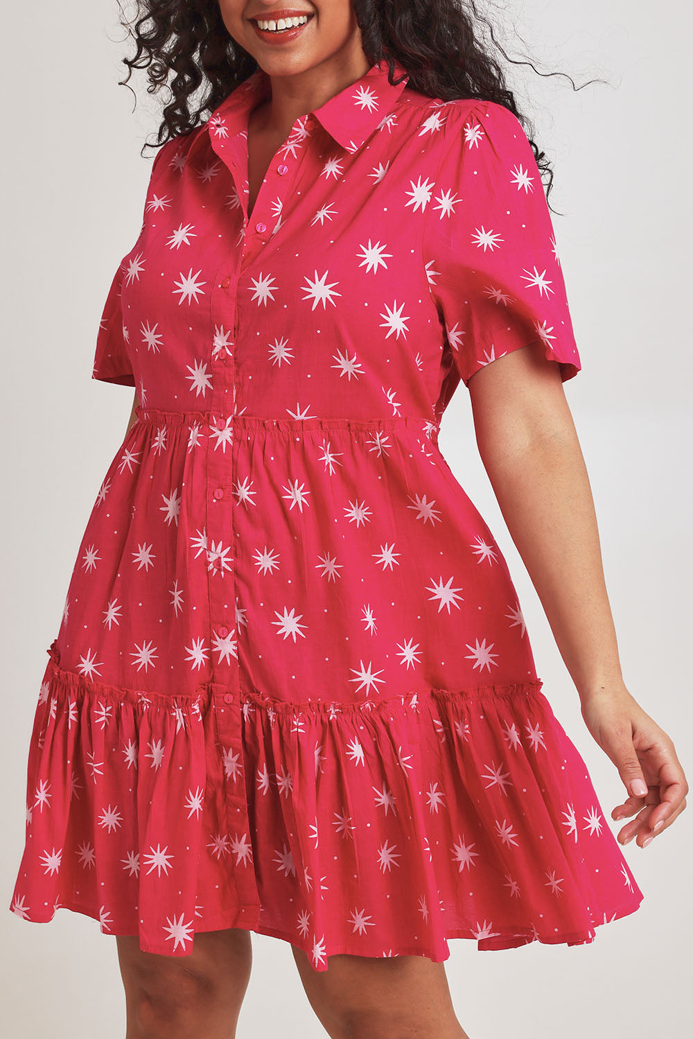 Model Terri-Leigh wearing size 14 of the Nina Cotton Shirt Dress in colour Nightsky (Pink), from the front, cropped image