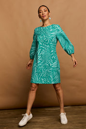 Model Katie wearing size 10 of the Kate Cotton Shift Dress in colour Gardenmaze, from the front, showing the whole outfit