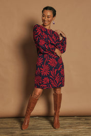 Model Katie wearing size 10 of the Kate Cotton Shift Dress in colour Gerbera (Blue), from the front, showing the whole outfit