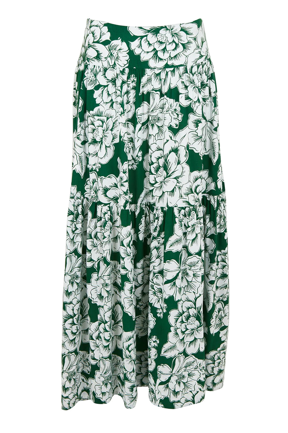 Product shot of the Ella Tiered Skirt in colour Blooming (Green), from the front