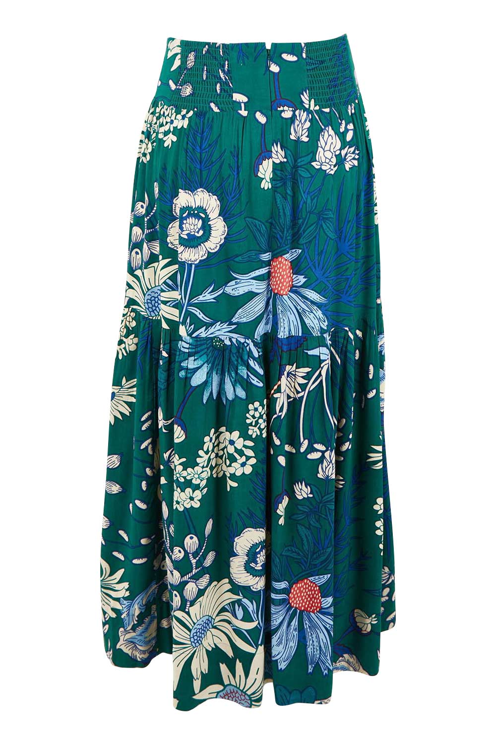 Product shot of the Ella Tiered Skirt in colour Deepgreen (Green), from the back