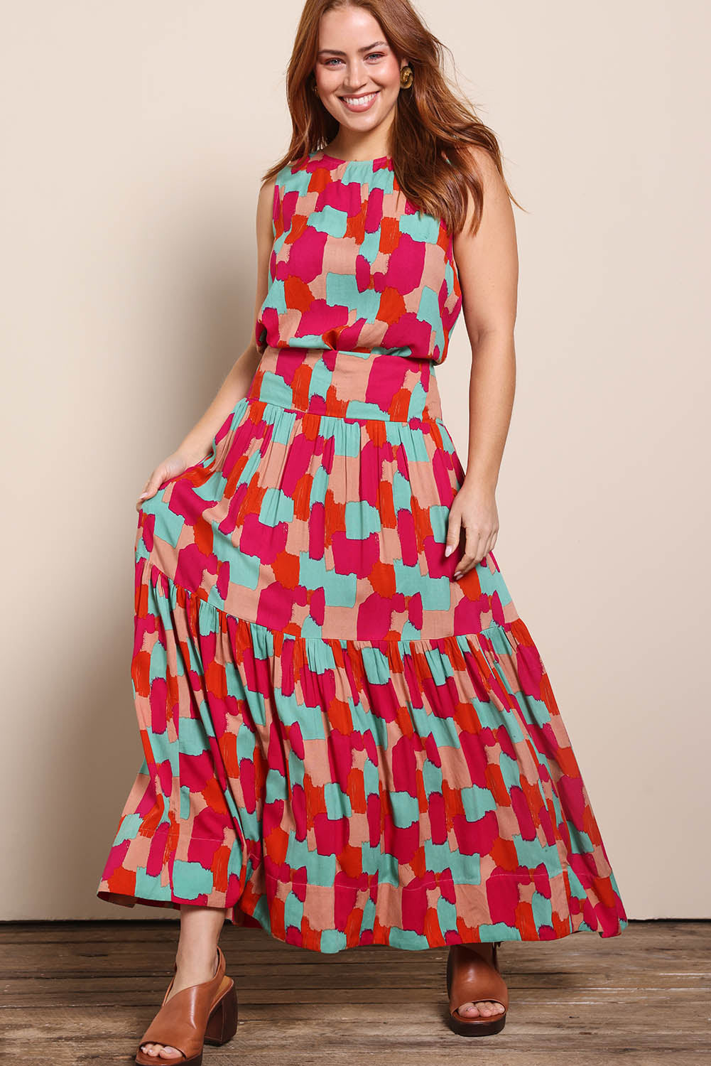Model Georgiel wearing size 10 of the Ella Tiered Skirt – Paintbrush in colour Paintbrush, from the front