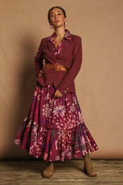 Model Katie wearing size 10 of the Nicole Cotton Maxi Dress in colour Garden (Purple), from the front, showing the whole outfit