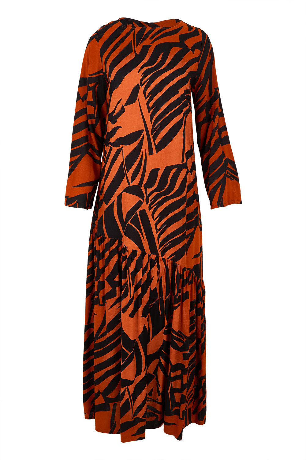 Product shot of the Ola Asymmetric Seam Dress in colour Tigerleaf, from the front